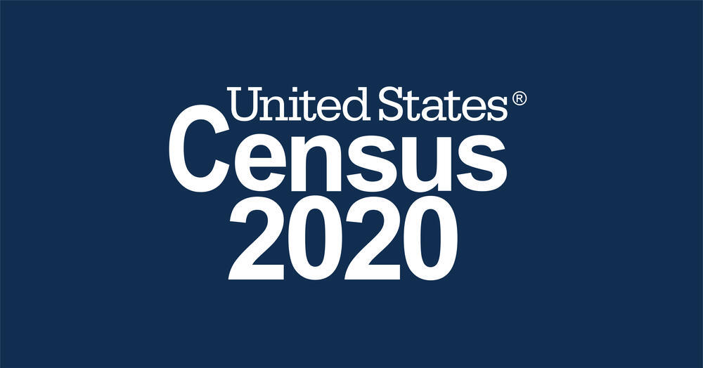 Blue background with white font reading United States Census 2020