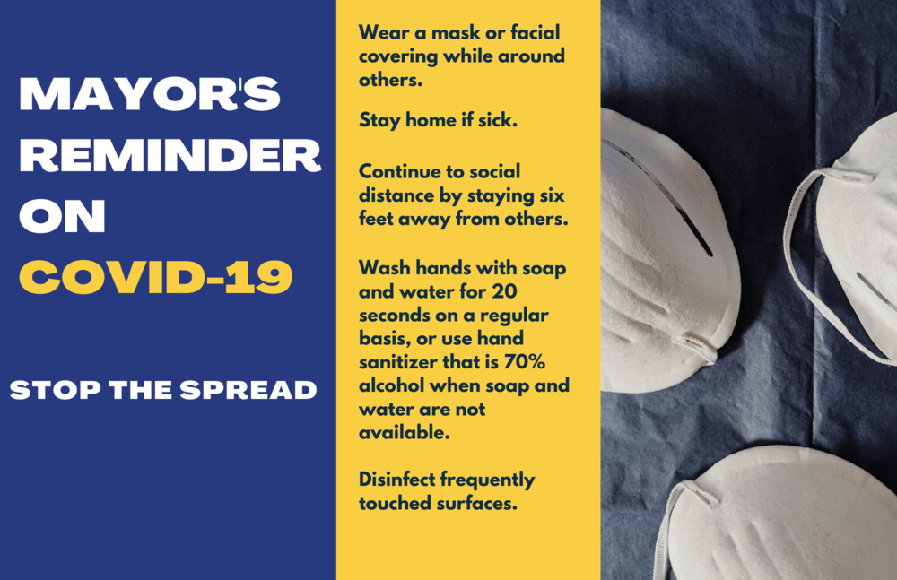 Reminders to wear masks, social distance, wash hands, and use sanitizer. Masks are depicted on the right. 