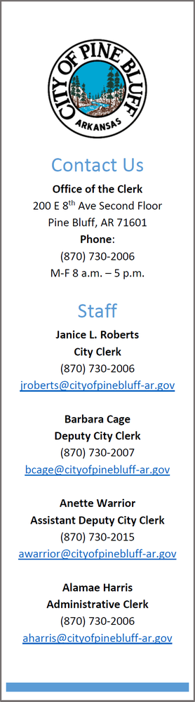 list of contacts for the Pine Bluff City Clerk's Office
